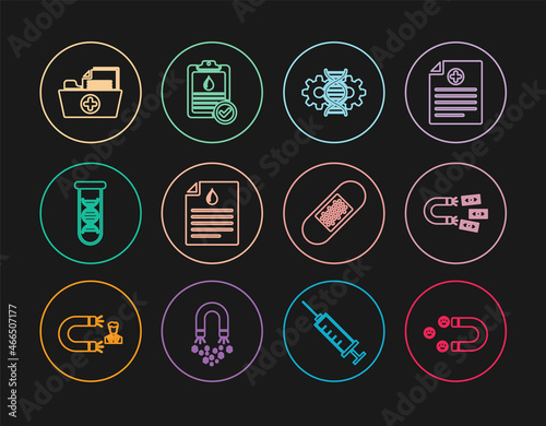 Set line Customer attracting, Magnet with money, Gene editing, Clipboard blood test, DNA research, search, Health record folder, Bandage plaster and icon. Vector
