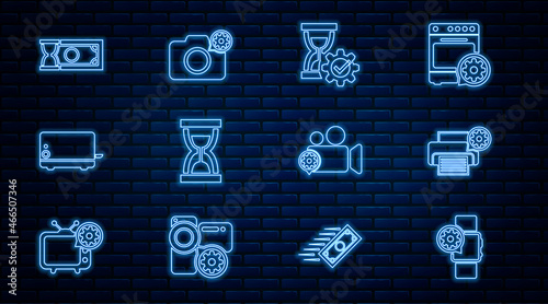 Set line Smartwatch setting, Printer, Hourglass, Old hourglass with sand, Toaster, Fast payments, Video camera and Photo icon. Vector