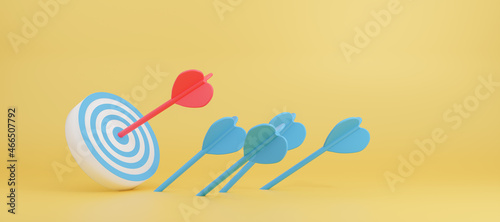 One red dart finding the target mark isolated on yellow background, Business Concept of marketing target and customer, success on company mission and goal, 3D Rendering, 3D Illustration.