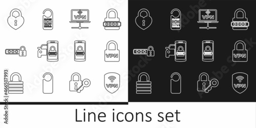 Set line Shield with VPN wireless, Lock, Computer network, Smart car security system, Password protection, Castle in the shape of heart, Mobile and password and Please do not disturb icon. Vector