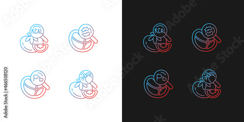 Food contaminant testing gradient icons set for dark and light mode. Heavy metals and pesticide. Thin line contour symbols bundle. Isolated vector outline illustrations collection on black and white