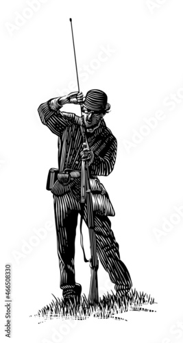 Εκτύπωση καμβά Woodcut-style illustration of a Union solder loading his rifle.