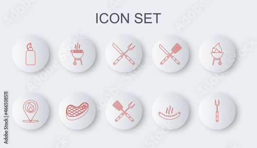 Set line Barbecue fork, Location with fire flame, Crossed and knife, Sausage, Mustard bottle, grilled shish kebab, Steak meat and spatula icon. Vector