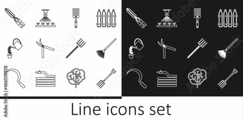 Set line Garden pitchfork, rake leaves, Gardening handmade scissor, Watering can, and Automatic irrigation sprinklers icon. Vector
