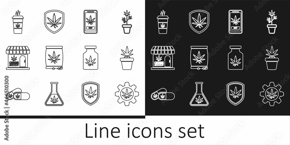 Set line Test tube with marijuana, Marijuana plant in pot, Online buying, or cannabis seeds, and store, Cup coffee, Medical bottle and Shield icon. Vector