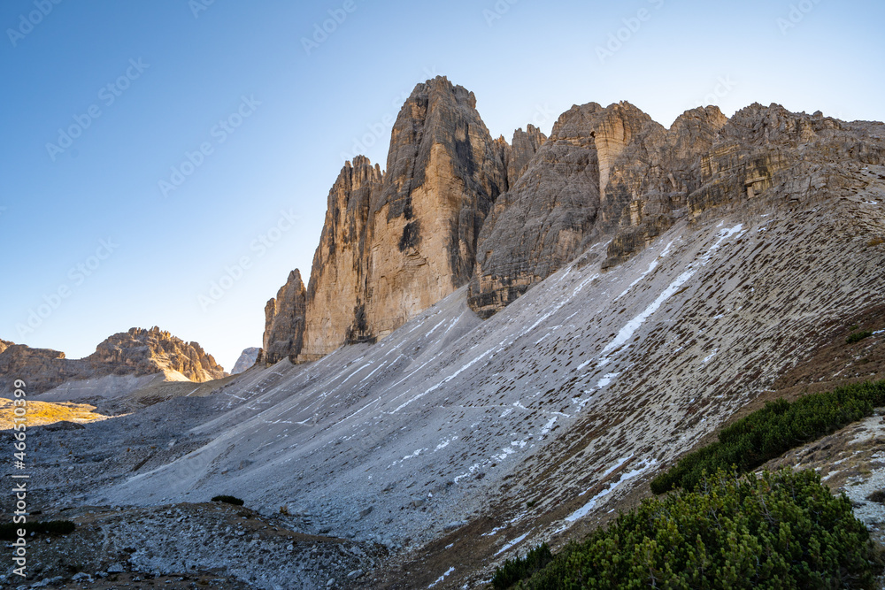 Panoramic view of Tre Cime di Lavaredo or Drei Zinnen at sunset in the Dolomites in Italy, Europe