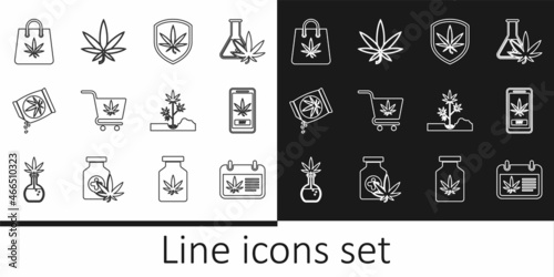 Set line Calendar and marijuana, Online buying, Shield, Shopping cart with, Marijuana or cannabis seeds, bag of, Planting and leaf icon. Vector