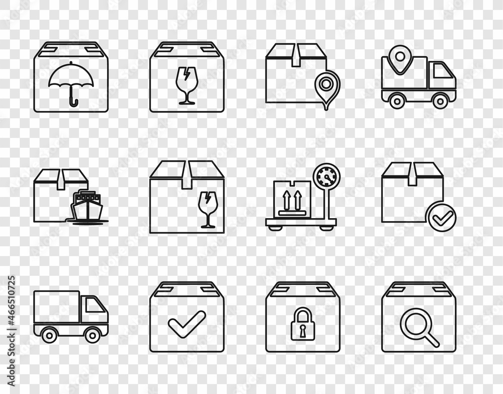 Set line Delivery cargo truck vehicle, Search package, Location with cardboard box, Package check mark, umbrella, fragile content, Locked and icon. Vector Set line Delivery cargo truck vehicle, Search package, Location with cardboard box, Package check mark, umbrella, fragile content, Locked and icon. Vector
