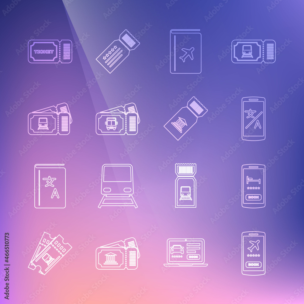 Set line Mobile with ticket, Online hotel booking, translator, Cover travel guide, Bus, Train, Ticket and Museum icon. Vector Set line Mobile with ticket, Online hotel booking, translator, Cover travel guide, Bus, Train, Ticket and Museum icon. Vector