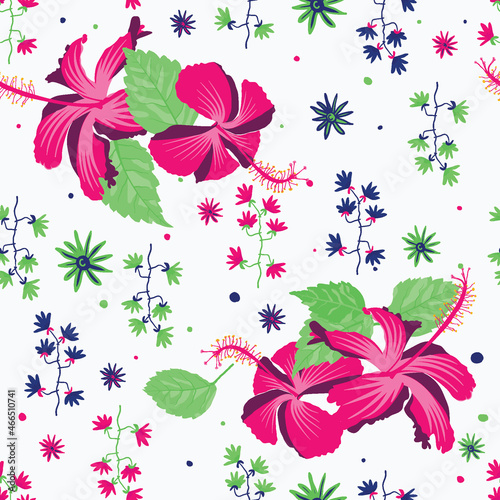 Greenery foliage blossom full frame repeated tropicana hand drawn complete trendy pattern. Useful for bed linen, greeting, stationery.