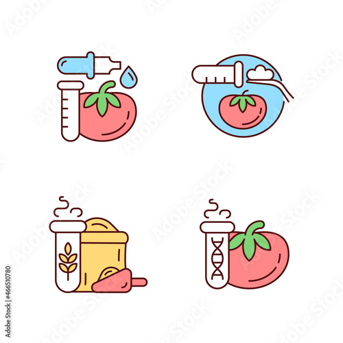 Artificial food additives RGB color icons set. Modified organic products. Nutrition sampling and analysis. Isolated vector illustrations. Simple filled line drawings collection. Editable stroke