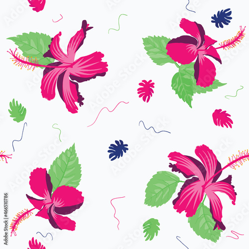 Rose mallow swatch pattern texture with jungle style tropical flower collage. Surface design for printing, decor, artistic upholstery.