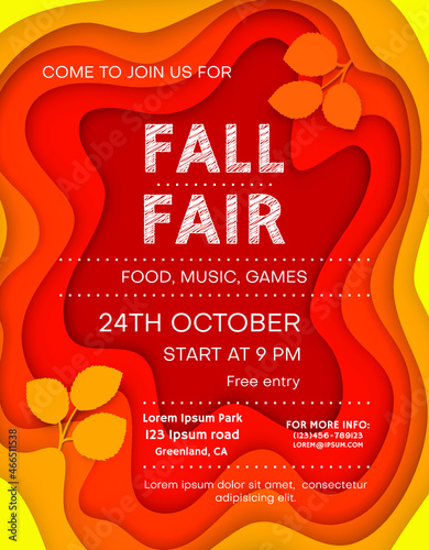 Fall fair announcing poster template with abstract paper cut shapes and fall leaves with shadows.