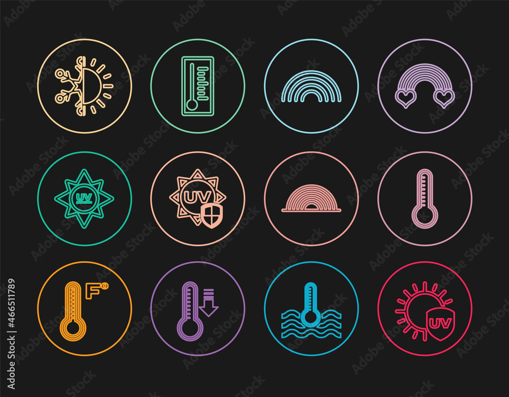 Set line UV protection, Meteorology thermometer, Rainbow, Sun and snowflake, and icon. Vector Set line UV protection, Meteorology thermometer, Rainbow, Sun and snowflake, and icon. Vector