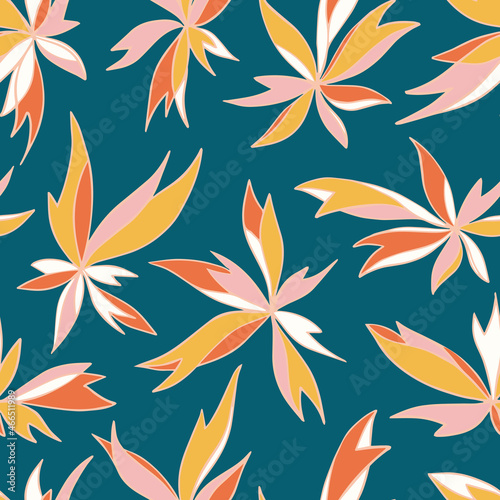 Autumn colors floral seamless pattern. Colorful abstract vector flat illustration of abstract leaves and flowers perfect for packaging or background.