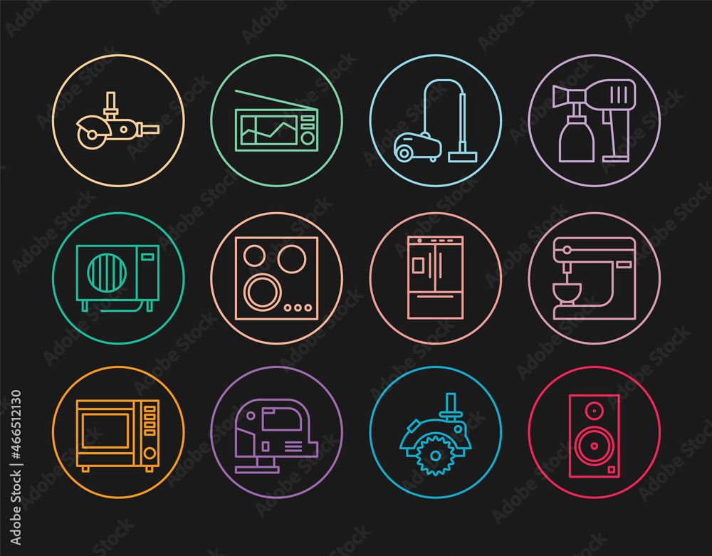 Set line Stereo speaker, Electric mixer, Vacuum cleaner, Gas stove, Air conditioner, Angle grinder, Refrigerator and Radio icon. Vector Set line Stereo speaker, Electric mixer, Vacuum cleaner, Gas stove, Air conditioner, Angle grinder, Refrigerator and Radio icon. Vector