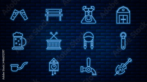Set line Violin, Bottle opener, Costume for women dirndl, Musical drum and sticks, Wooden beer mug, Glass of, Braid and Bench icon. Vector