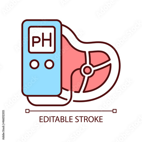 Food pH measurement RGB color icon. Products acidity and alkalinity amount. Nutrition pH value. Food test with pH meter. Isolated vector illustration. Simple filled line drawing. Editable stroke photo