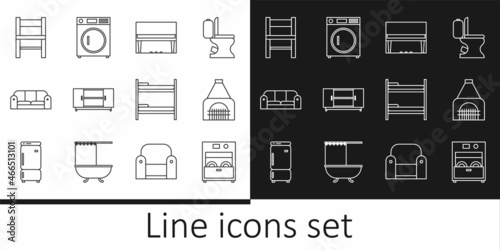 Set line Kitchen dishwasher machine, Interior fireplace, Grand piano, TV table stand, Sofa, Chair, Bunk bed and Washer icon. Vector