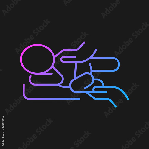 Infant massage gradient vector icon for dark theme. Practicing tummy time. Massaging baby back. Treating newborn colic. Thin line color symbol. Modern style pictogram. Vector isolated outline drawing