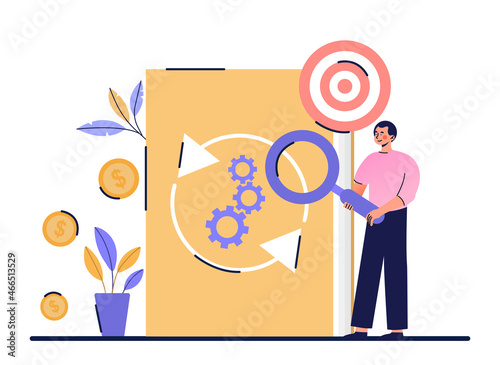 Project life cycle concept. Optimization of work processes. Man with magnifying glass analyzes stage of readiness of task. Employee works on order and achieves goal. Cartoon flat vector illustration