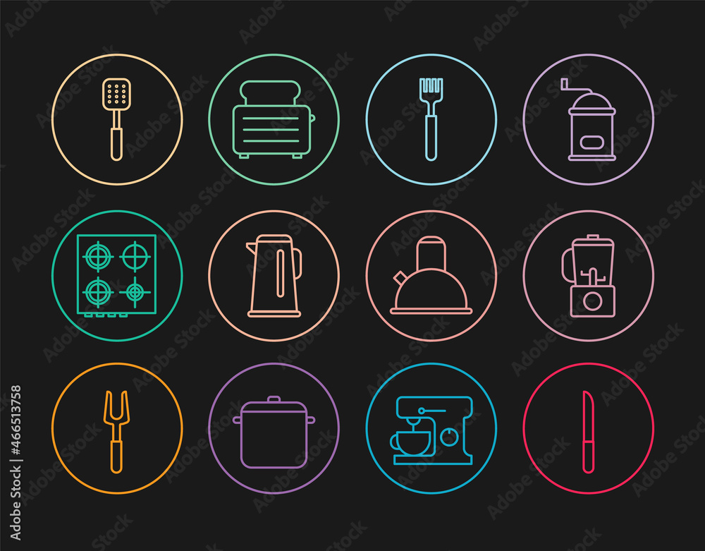 Set line Knife, Blender, Fork, Kettle with handle, Gas stove, Spatula, and Toaster toasts icon. Vector