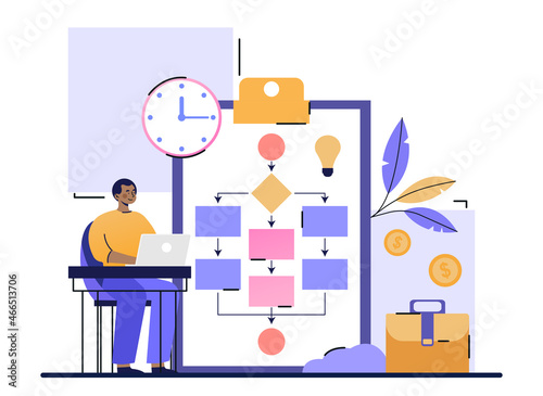 Business process management concept. Man sitting at laptop and analyzing scheme of work on project. Automation and optimization of business system. Employee in office. Cartoon flat vector illustration
