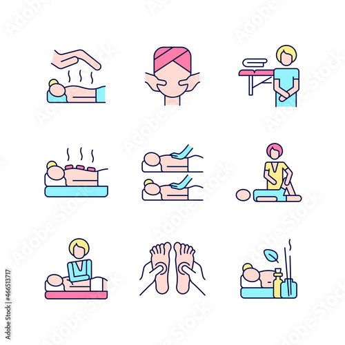 Spa treatments RGB color icons set. Reiki session. Face massage. Hot stone therapy. Sports recovery. Isolated vector illustrations. Simple filled line drawings collection. Editable stroke