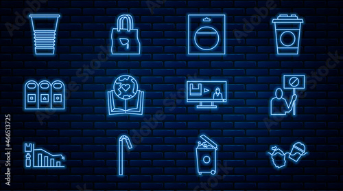 Set line Problem pollution of the ocean, Nature saving protest, Battery pack, Earth globe and book, Trash garbage cans sorted, Paper glass, Stop plastic and Shopping with recycle icon. Vector