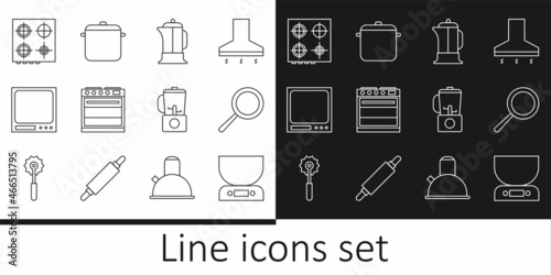 Set line Electronic scales, Frying pan, French press, Oven, Gas stove, Blender and Cooking pot icon. Vector
