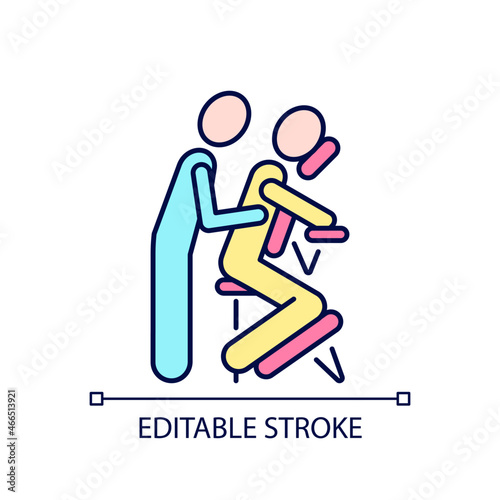 Chair massage RGB color icon. Perform treatment in seated position. Relaxing muscles in upper body. Stress relief techniques. Isolated vector illustration. Simple filled line drawing. Editable stroke