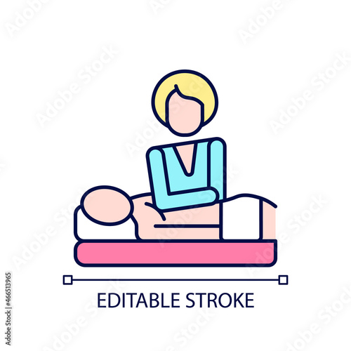 Deep tissue massage RGB color icon. Musculoskeletal issues treatment. Relieving chronic muscle pain. Treat sport injury. Isolated vector illustration. Simple filled line drawing. Editable stroke