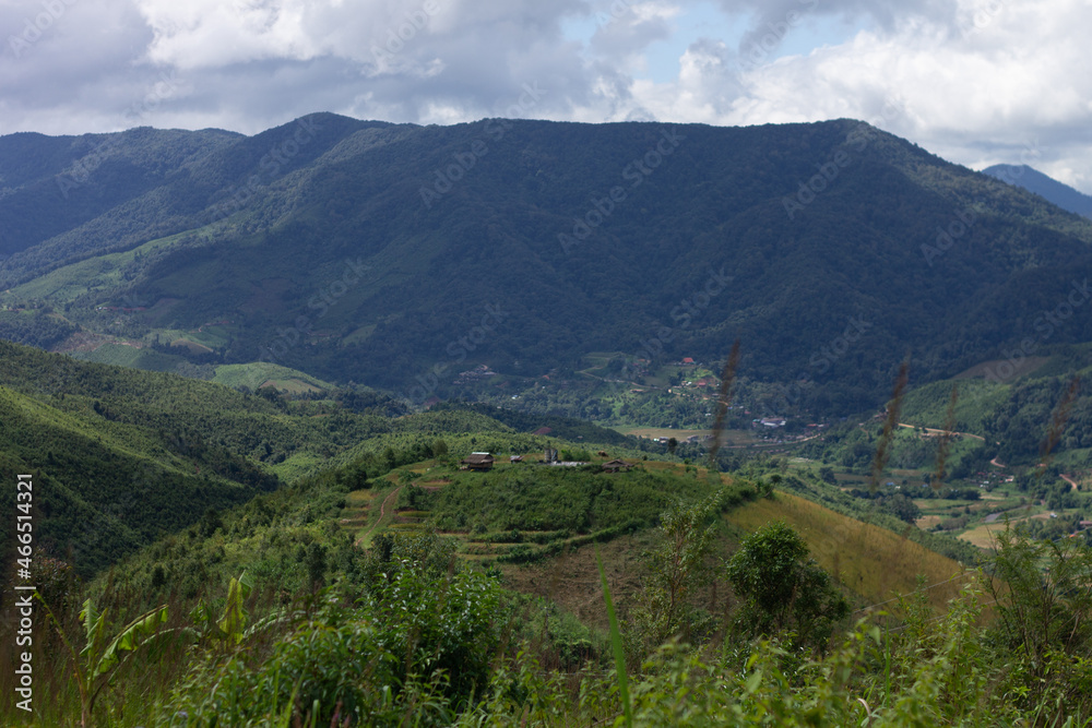 Fototapeta premium Top view mountain and green landscape from ban huai thone nan thailand. 