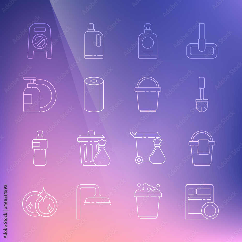 Set line Kitchen dishwasher machine, Bucket with rag, Toilet brush, Hand sanitizer bottle, Paper towel roll, Dishwashing liquid plate, Wet floor cleaning progress and icon. Vector Set line Kitchen dishwasher machine, Bucket with rag, Toilet brush, Hand sanitizer bottle, Paper towel roll, Dishwashing liquid plate, Wet floor cleaning progress and icon. Vector