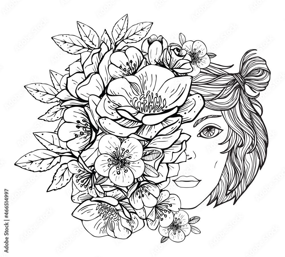 Colouring pictures with girl and flower. Art therapy coloring page for adults and children.