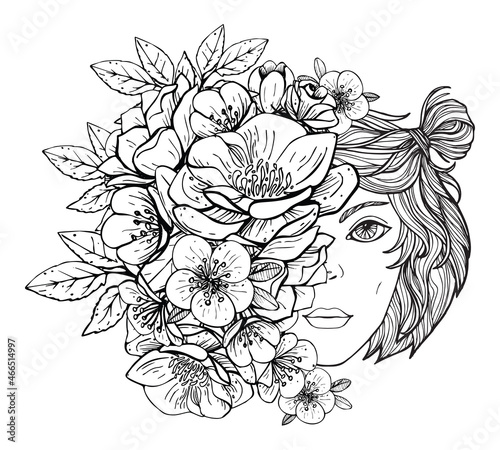 Colouring pictures with girl and flower. Art therapy coloring page for adults and children.