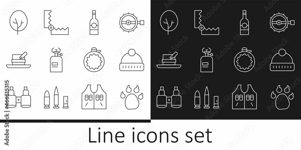 Set line Paw print, Winter hat, Bottle of vodka, Camping gas stove, Hunter with feather, Tree, Canteen water bottle and Trap hunting icon. Vector