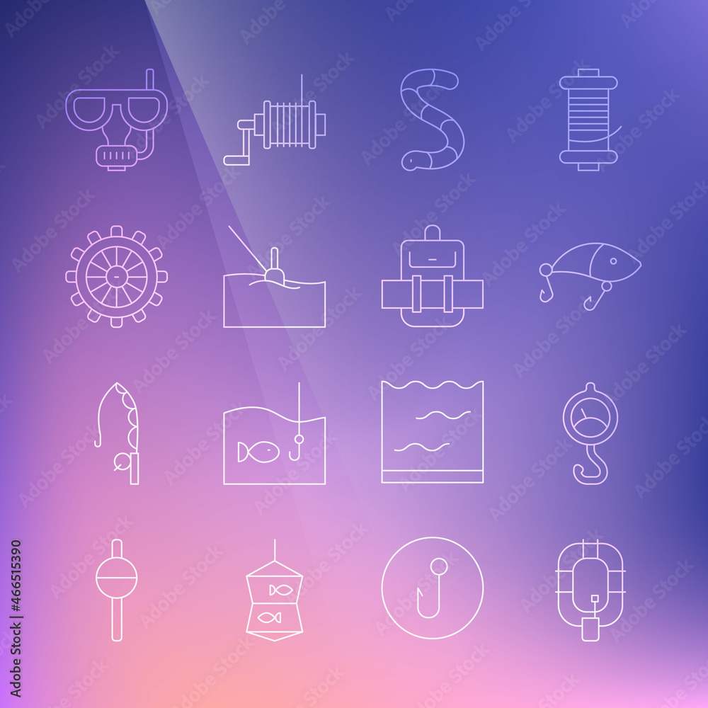 Set line Inflatable boat, Spring scale, Fishing lure, Worm, float water, Ship steering wheel, Diving mask and snorkel and Hiking backpack icon. Vector Set line Inflatable boat, Spring scale, Fishing lure, Worm, float water, Ship steering wheel, Diving mask and snorkel and Hiking backpack icon. Vector