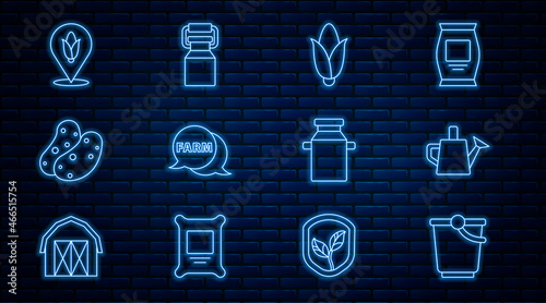 Set line Bucket, Watering can, Corn, Speech bubble with Farm, Potato, Location corn, Can container for milk and icon. Vector