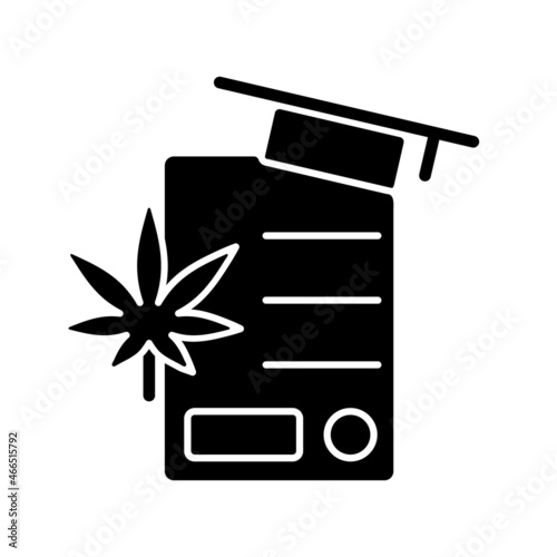 Cannabis education black glyph icon. Training for cannabis industry. Pharmaceutical science. Academic program. Medical marijuana law. Silhouette symbol on white space. Vector isolated illustration