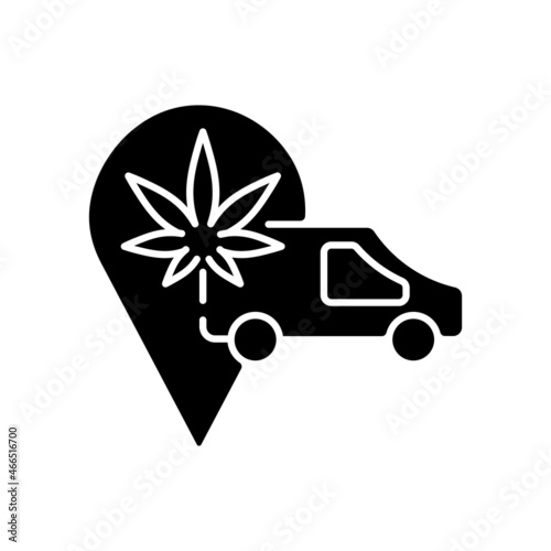 Cannabis transportation black glyph icon. Medical marijuana distribution. Cannabis spread legalization. Shipping hemp-derived goods. Silhouette symbol on white space. Vector isolated illustration