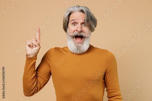 Elderly gray-haired mustache bearded man 50s in mustard yellow turtleneck shirt holding index finger up with great new idea isolated on plain pastel beige background studio. People lifestyle concept.