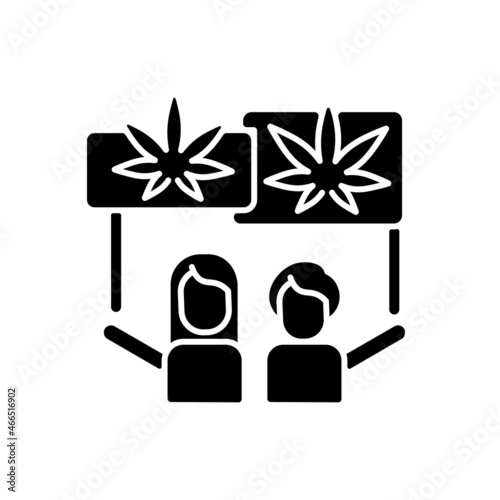 Marijuana legalization protest black glyph icon. Cannabis rights movement. Marijuana activists. Drug liberalization. Awareness campaign. Silhouette symbol on white space. Vector isolated illustration