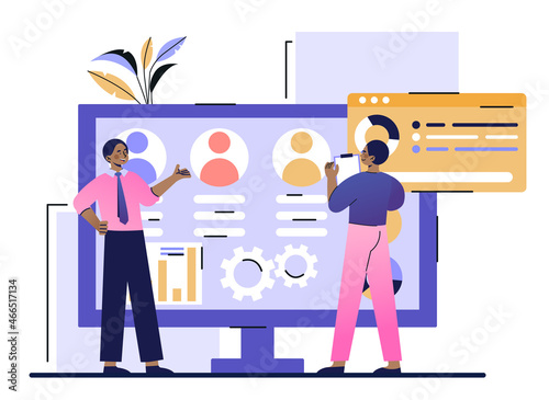Enterprise architecture concept. Men develop and use software of company website. Employees analyze data and create layout for managing online business. Cartoon modern flat vector illustration