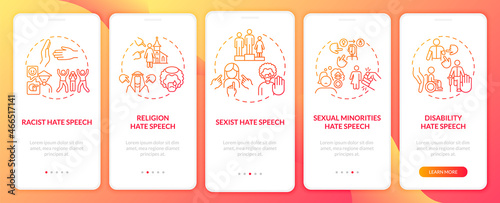 Human rights violation onboarding mobile app page screen. Racism and sexism walkthrough 5 steps graphic instructions with concepts. UI, UX, GUI vector template with linear color illustrations