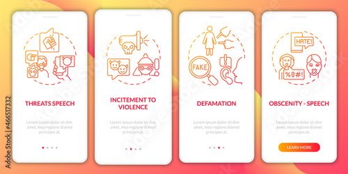 Unprotected expression types onboarding mobile app page screen. Obscenity speech walkthrough 4 steps graphic instructions with concepts. UI, UX, GUI vector template with linear color illustrations