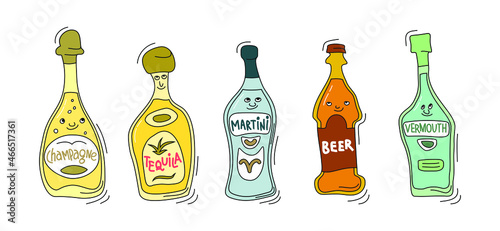 Champagne, tequila, martini, beer and vermouth with smile on white background. Cartoon sketch graphic design. Doodle style with black contour line. Cute hand drawn bottle. Party drinks concept.