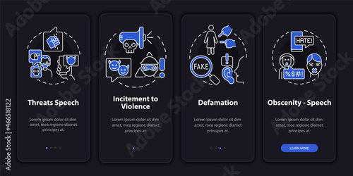 Unprotected speech categories onboarding mobile app page screen. Incitement walkthrough 4 steps graphic instructions with concepts. UI, UX, GUI vector template with linear night mode illustrations