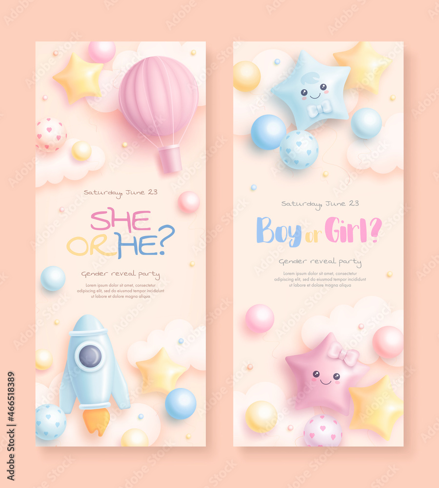 He or she. Boy or girl. Set of cartoon gender reveal roll up template