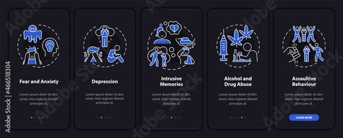 Victims of hateful speech onboarding mobile app page screen. Intrusive memories walkthrough 5 steps graphic instructions with concepts. UI, UX, GUI vector template with linear night mode illustrations